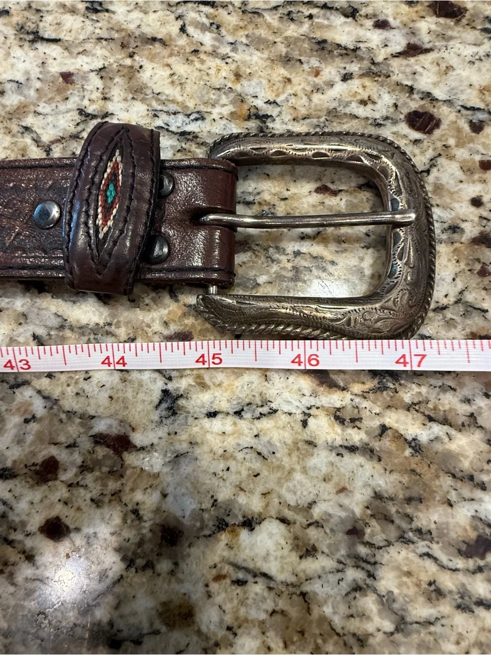 Western embroidered brown leather belt embossed silver decor 47”